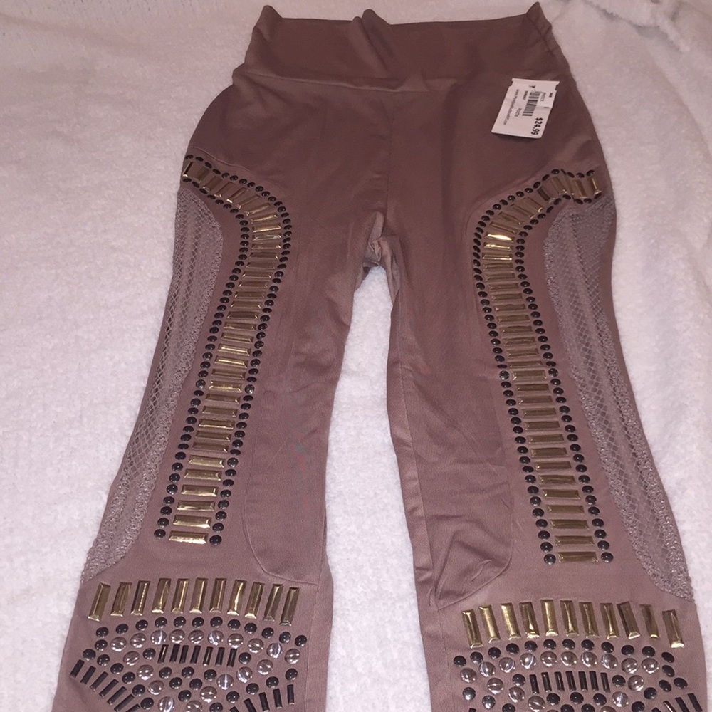 Stretchy mocha leggings small NWT studs/sequins - Picture 5 of 7